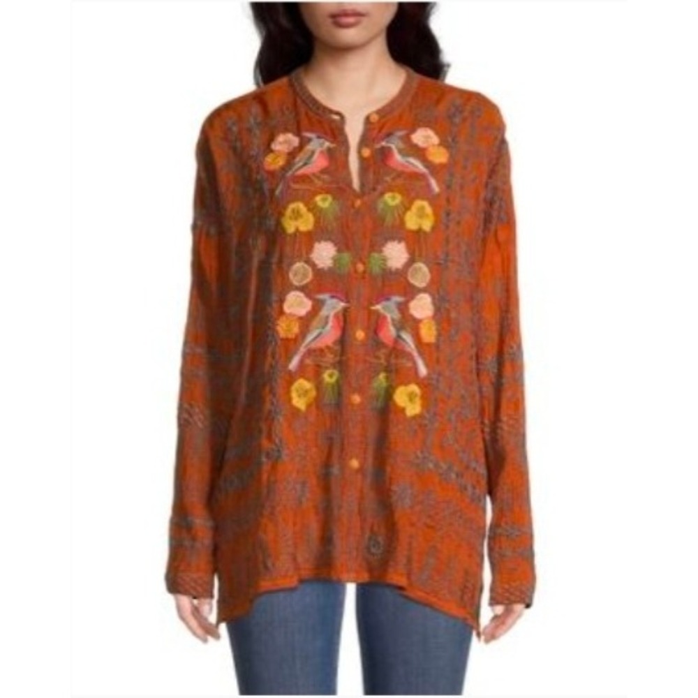 Johnny Was Embroidered Bird Floral Tunic Blouse Burnt Orange Rust Boho Top L